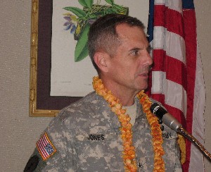 Brig. Gen. Steve Jones, USA, commanding general, Pacific Regional Medical Command and Tripler Army Medical Center, addresses chapter members at the April luncheon.
